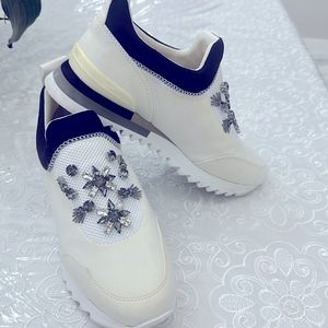Tory Burch Rosas Slip-On Sneakers White Black Crystal Embellished Bling Size 8